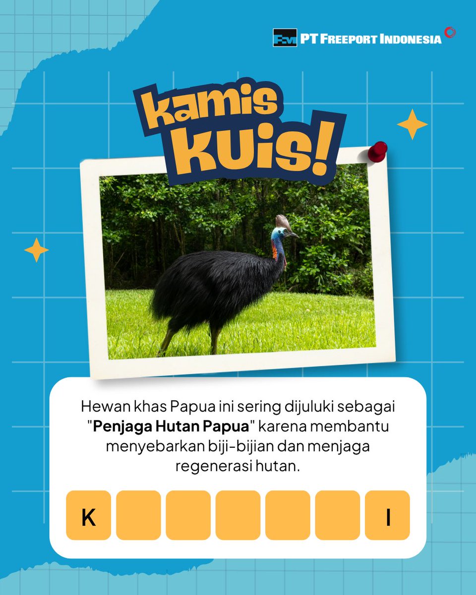 IDFreeport's tweet photo. Papua punya satwa endemik khas. Salah satunya burung purba yang dijuluki sebagai Penjaga Hutan Papua loh.... 👀

Kira-kira kamu tahu jawabannya gak ya? Yuk tulis jawaban #KamisKuis yang paling tepat di kolom komentar dan menangkan hadiahnya!

Jangan lupa simak syarat ketentuan dan berlaku juga ya rekan! 🙌🏻