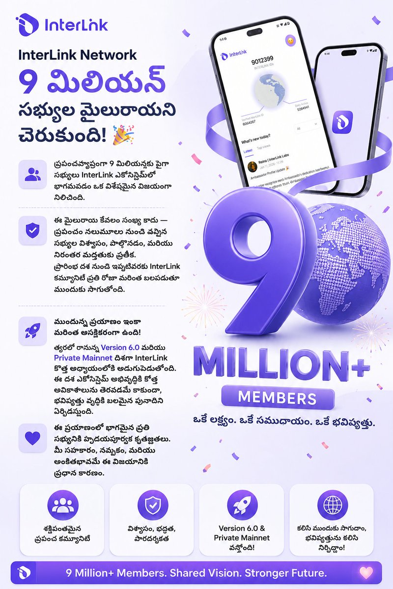 yourspadmavathi's tweet photo. 🎉 9 Million+ Linkers Strong! The InterLink community keeps growing, and with Version 6.0 & Private Mainnet ahead, the journey is just getting స్తర్తెద్
#InterLink #ITLG #ITL #9MillionUsers
https://t.co/6EoiXS7gsY రివ్యూ ఇవ్వండి
#interlinkmylife #159471#91236600
#interlink https://t.co/n7f7iSxQR7