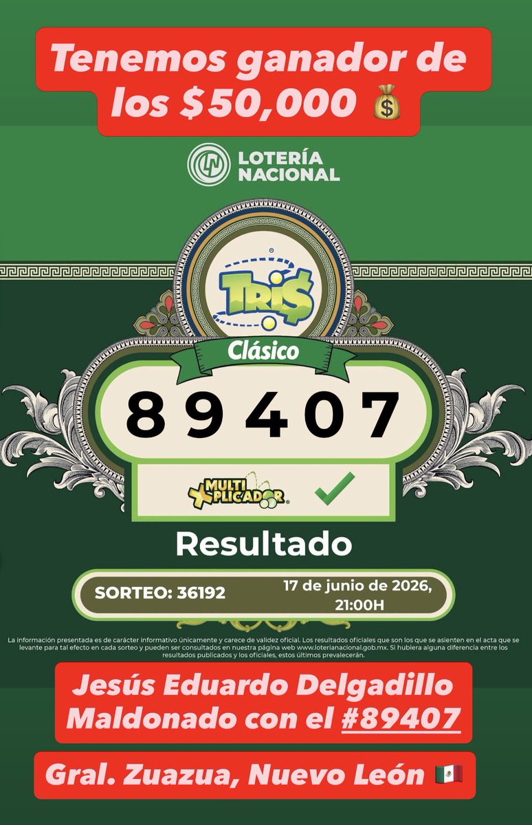 MMRifas5's tweet photo. 🎊Muchas felicidades 🎉 a‼️JESUS EDUARDO DELGADILLO MALDONADO‼️De #Zuazua #NuevoLeon quien fue el afortunado ganador de los 50MIL💰de nuestro evento #136 con el número 👉🏻89407🍀

#mundialdefútbol2026 #EsMiSueño #otrodíaperdido https://t.co/m5cHKi0D5L