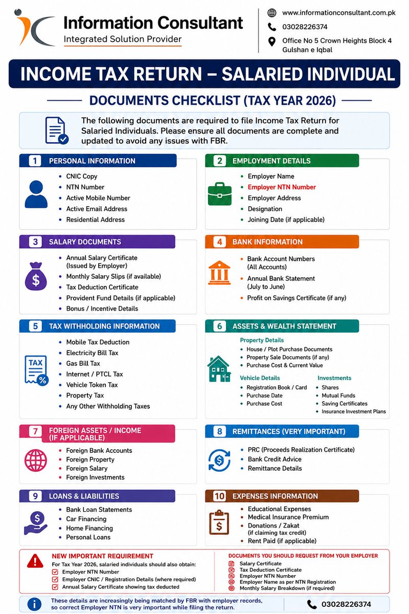 informationCo16's tweet photo. Income Tax Return 2026 for Salaried Individuals

Are you ready for Tax Year 2026? 
Ensure a smooth and hassle-free tax filing experience by keeping all required documents 
 Document Checklist
✅ FBR-Compliant Filing
✅ Expert Tax Assistance
✅ Fast &amp; Professional Service https://t.co/kip74LltqL