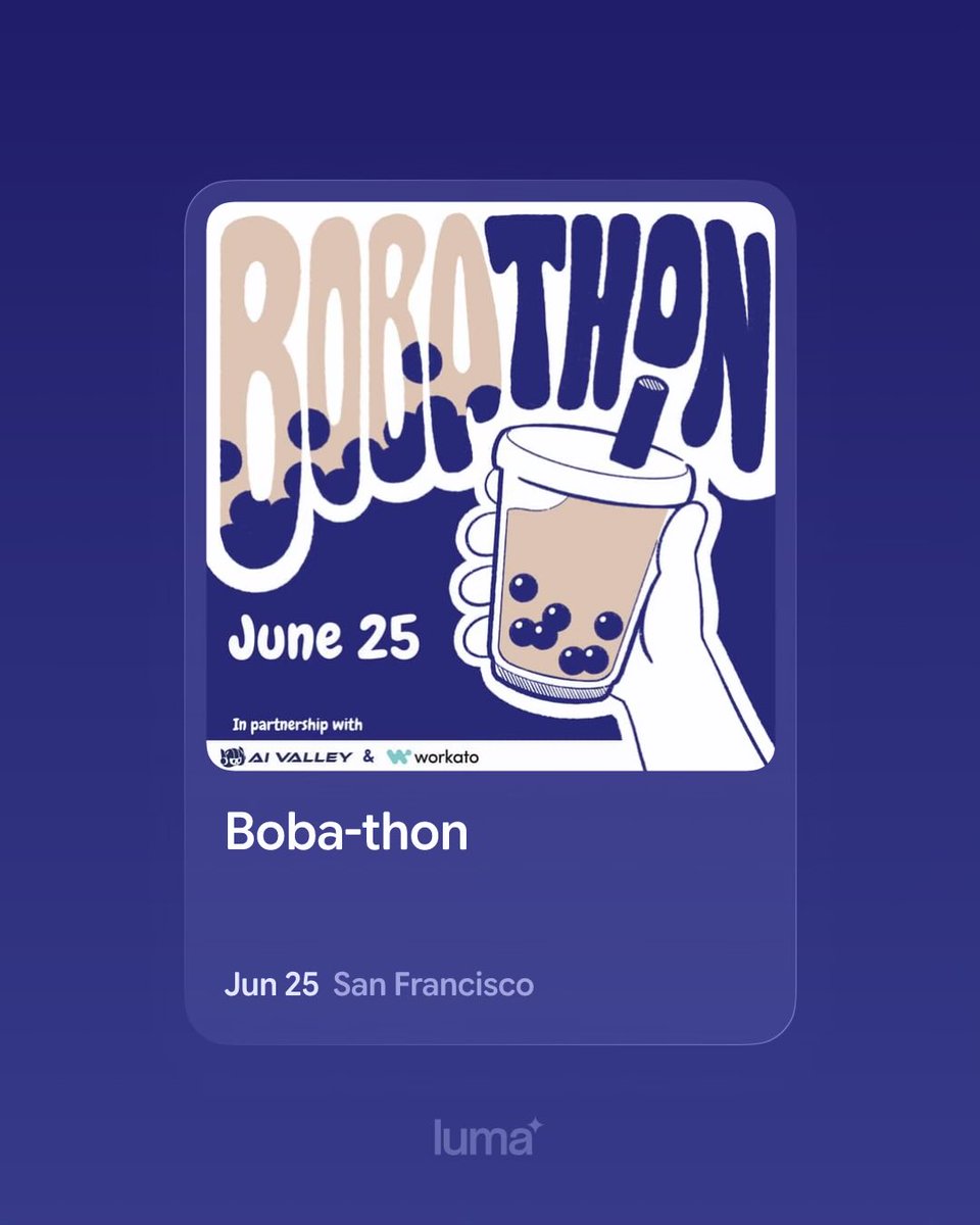 devtinapark's tweet photo. Helping out the @aivalleyio team part-time and love what they're building.

If you're in SF on 6/25, don't miss this casual Boba-thon with @Workato. Come hack on AI workflows and meet other builders. 🧋🛠️

RSVP: https://t.co/zjUZPqDzu3 https://t.co/bkSbltZJFS