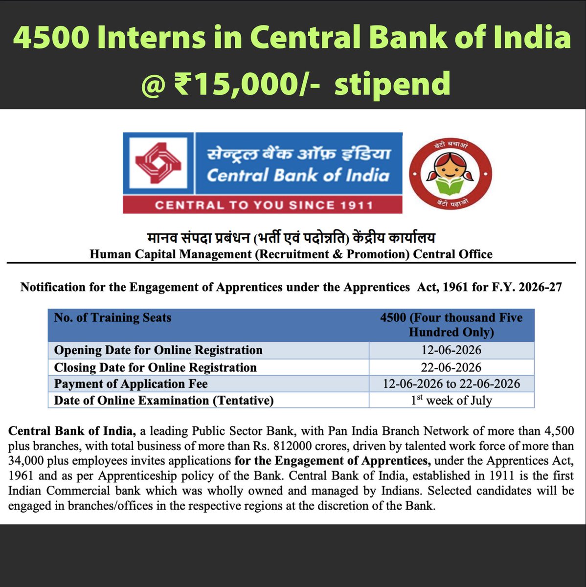 Mrunal_Patel's tweet photo. Jobs for 4500 Interns in Central Bank of India 
@ ₹15,000/-  stipend
Last Date: 22 June 2026
https://t.co/9tR1uB0O1o https://t.co/DEl9T24str