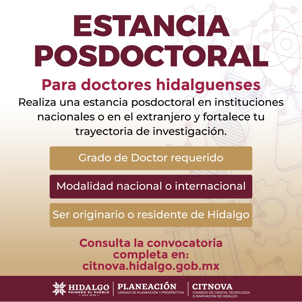 diaplazajuarez's tweet photo. 📚 ¡Últimos días!
El gobierno de Hidalgo, a través del #CITNOVA, otorga Becas de Estancia Posdoctoral para fortalecer a la comunidad científica de Hidalgo.
Registro hasta el 25 de junio del 2026. Consulta las bases para participar en el link oficial: 🔗 https://t.co/8PYTB1Tcbq https://t.co/J6shTEfHbX