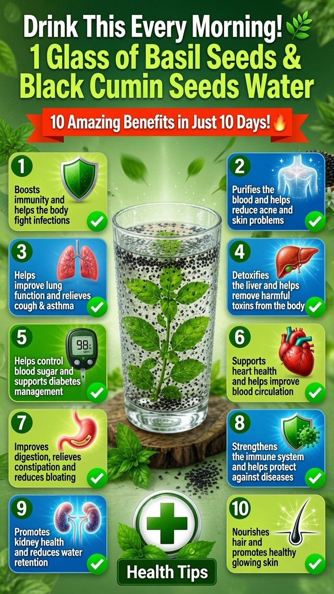 nahidjnu21's tweet photo. "🌿 Drink this every morning for 10 DAYS straight and watch your body transform!
Basil seeds + Black Cumin seeds water = immunity boost, glowing skin, better digestion & more 🔥
Who’s trying this tomorrow? Drop a 🔥 below!
#HealthHack #MorningRoutine https://t.co/GbizZy9HUz