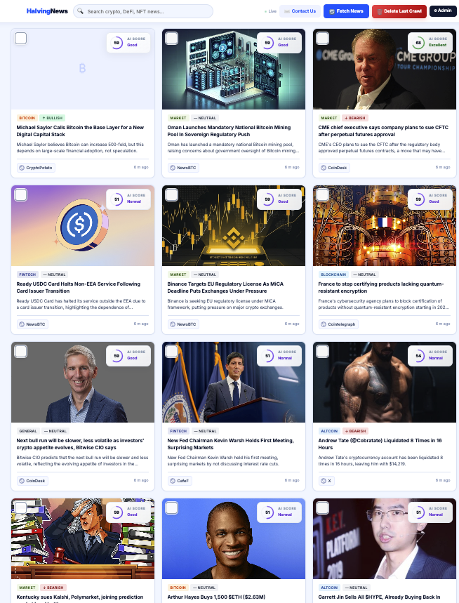 halvingjobshr's tweet photo. HalvingNews (https://t.co/vkzc8fNoDu) is a specialized news aggregator for the Web3, Crypto & Fintech sector, built by HalvingTeamX.

Key Highlights:

1. Automatically scans from over 20 of the world’s most reputable news sources (CoinDesk, Cointelegraph, The Block, Decrypt, etc.).
2. Users can freely select sources to follow.
3. AI-powered scoring system (AI Score):
🔥 Excellent (≥85)
⭐ Good (65-85)
📝 Normal (<65)

4. Advanced filtering by sentiment (Positive / Negative) and topics (Bitcoin, Ethereum, DeFi, NFT & Web3, Altcoin, Market, Fintech, Legal, Macro…).
5. AI Rewrite feature that rewrites high-quality articles to be more concise, easier to read, and suitable for the Vietnamese community.
6. Supports Vietnamese | English | 中文 interface.

Tightly integrated with https://t.co/GxszhHvHN6 — Vietnam’s leading Web3 jobs and news platform.

This is an extremely useful tool for KOLs, group admins, traders, and anyone who wants to stay updated on crypto news quickly without having to browse dozens of websites. It saves time and makes it easy to select high-quality content to share with the community.

If you need:
- Detailed usage guide
- Suggestions on integrating into groups/channels
- Feedback to help the team improve

Or if you want me to crawl/test some of the latest news from there, just let me know via Telegram @hevyweb3 🚀