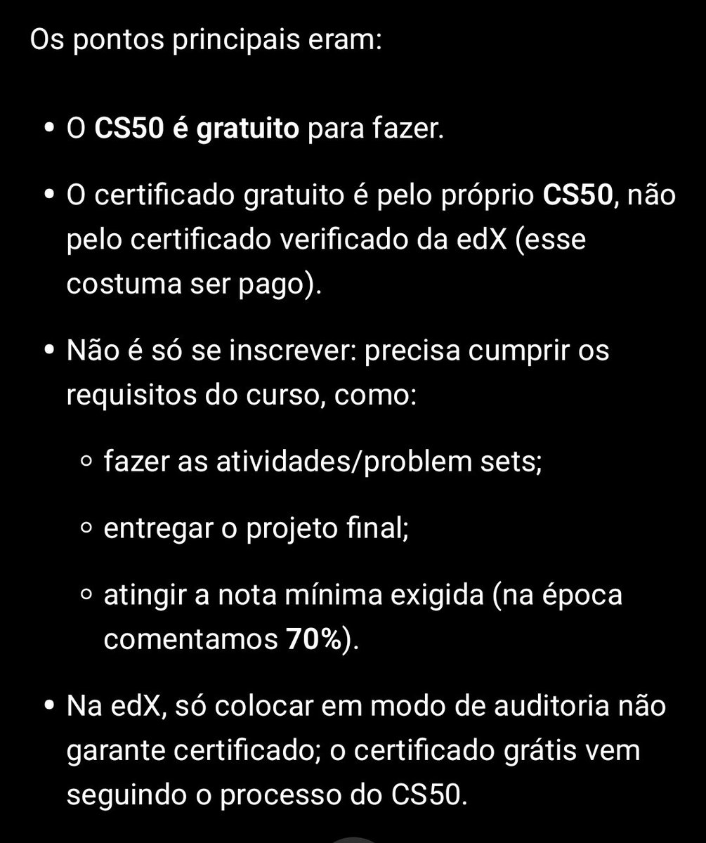 psiaoue's tweet photo. @ellengoms_ @Versus2 @tvde50polegadas @nishi_kazue @dougmacchaddo @crvgjooj Pelo o que entendi,são duas plataformas a de estudo e a parte de Harvard,na plataforma de estudo *submetendo* todos os exercícios com 70% de acerto em todos você consegue (NÃO O CERITIFICADO É TÃO "BONITINHO" QUANTO O PAGO, MAS VALE)
https://t.co/MHiEDOvmzb (esse video tb explica https://t.co/H9e22frMXW