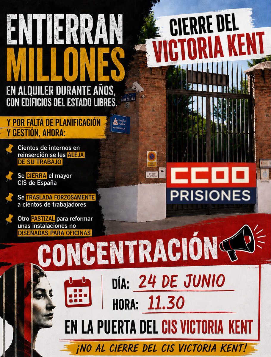 CCOO_Prisiones's tweet photo. El CIS Víctoria KENT no se cierra 
@IIPPGob @interiorgob

#CCOO convoca concentración contra el cierre del mayor CIS de #sosprisiones

📌 Derecho a la plaza del personal
📌 Derecho a la reinserción  
📌 Que los ciudadanos no paguen la mala gestión 

@sae_fsc_ccoo
@FSCdeCCOO https://t.co/EW3Ta9awA8