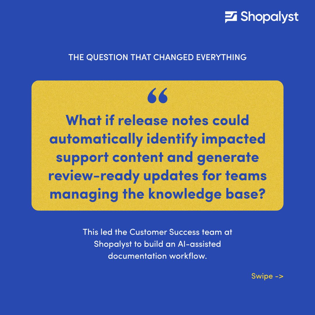 Shopalyst's tweet photo. Every product release does more than introduce new features.

It can instantly impact help articles, onboarding guides, support workflows, and customer-facing documentation.

While release notes take minutes to publish, identifying and updating all affected content can take hours.

That's the challenge we explored at Shopalyst:

What if release notes could automatically identify impacted support content and generate review-ready updates?

That led Shopalyst to build an AI-assisted workflow that automatically traces product changes across the support ecosystem and generates review-ready documentation updates.

As SaaS products become more complex, keeping knowledge bases up to date is no longer just a documentation task. It's essential for customer experience, support efficiency, and product adoption.

How is your team approaching AI-powered knowledge management?

#CustomerSuccess #CustomerExperience #AI #WorkflowAutomation #KnowledgeBase #SaaS #Shopalyst