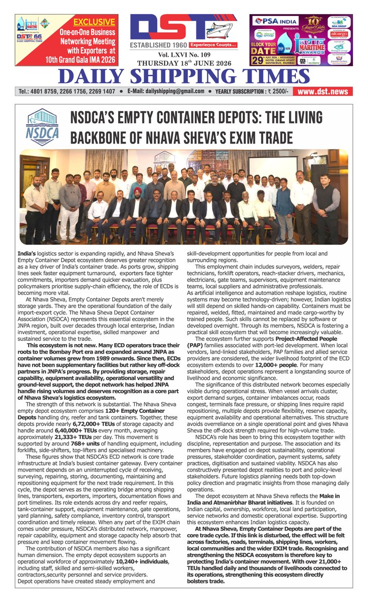 nsdca59782's tweet photo. NSDCA’s article, “Empty Container Depots: The Living Backbone of Nhava Sheva’s EXIM Trade,” has been featured in EXIM India and Daily Shipping Times.

For decades, Empty Container Depots have worked behind the gate, away from the spotlight, absorbing pressure, solving bottlenecks and keeping containers ready for the next movement.

When trade moves smoothly, the depot is often invisible. When trade is disrupted, everyone realises how essential the depot network truly is.

This article is not just recognition. It is a reminder that Nhava Sheva’s EXIM strength depends on a connected logistics ecosystem, with Empty Container Depots playing a vital support role in keeping container movement efficient, reliable and trade-ready.

@Exim_India

@dstnews

#Logistics #NSDCA #TradeEmpowerment #IndiaSupplyChain #UnityEmpowermentResilience #NhavaSheva #OffDock #Logistics #ContainerDepot #MakeInIndia #MaritimeIndia #ExportImport #AtmanirbharBharat