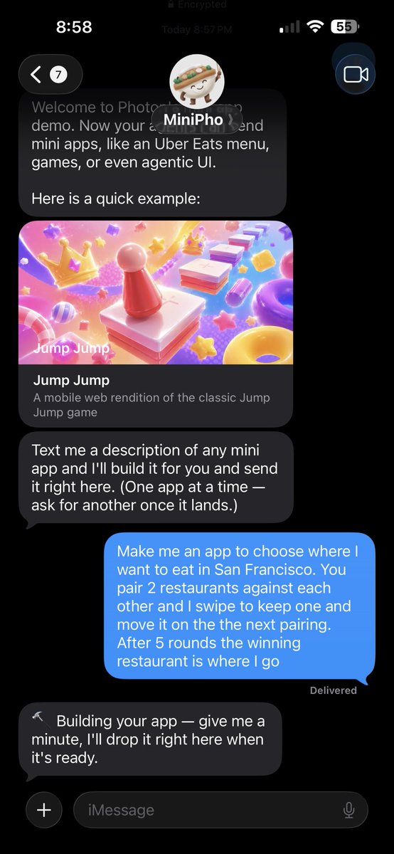 chowtato's tweet photo. This is so meta, vibe coding from iMessage is great distribution. First started off with an app that helps me choose between restaurants for dinner.

Next I just want to make mini prediction markets for my friends! https://t.co/JSSUpqhqur