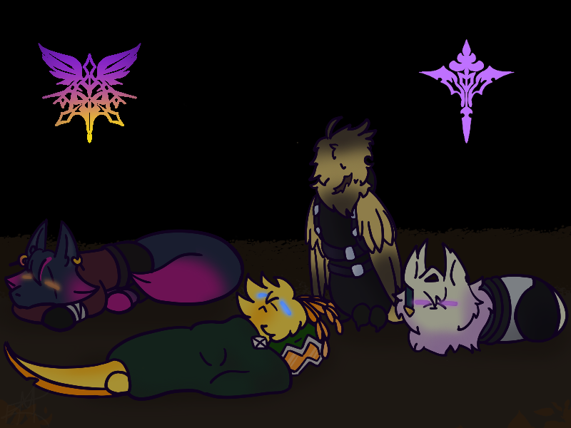 ChalisonL's tweet photo. #NijiENPrideMonth2026 #Krisisis #Krisis #PICLAWSSO #Vantalism #zalillust #YuDrawWilson | This is Part 2 of these four, and now they're comfy. | P.S. Yes, Crows sleep with their heads turned back; this is normal. https://t.co/YLtIP6f8SM