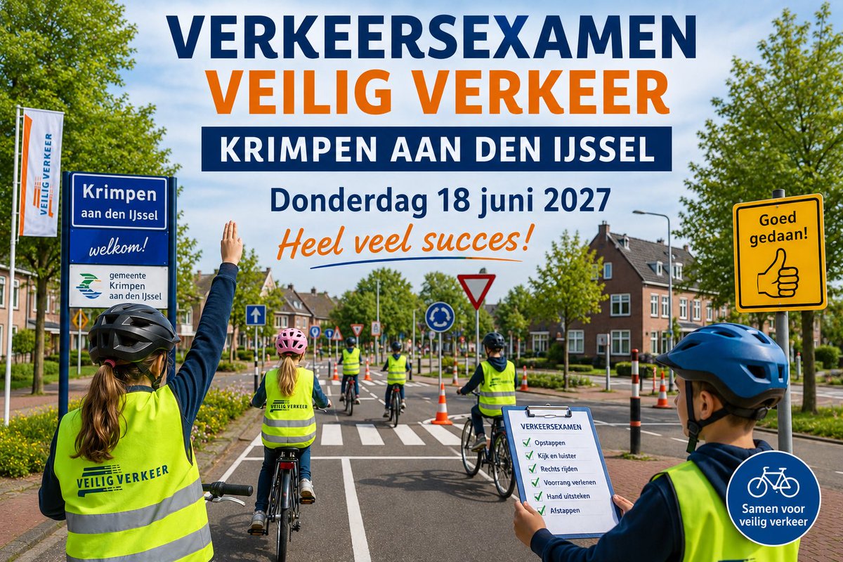 VIjssel's tweet photo. Vandaag is het zo ver. 312 leerlingen uit groep 7 van de basisscholen in Krimpen aan den IJssel leggen hun praktisch verkeersexamen af. Heel erg spannend voor de kandidaten. Je kunt ze herkennen aan hun genummerde gele hesjes. Aan alle examenkandidaten HEEL VEEL SUCCES!! https://t.co/MjPEk8ap0E