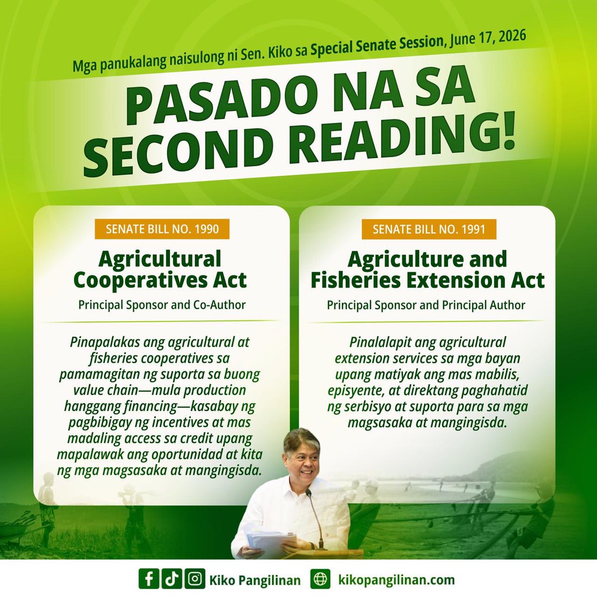 kikopangilinan's tweet photo. PARA SA MGA MAGSASAKA, MAG-AARAL, HEALTH WORKERS, AT MGA KOMUNIDAD 🇵🇭

Sa unang Special Senate Session, naisulong natin ang mga panukalang makatutulong sa mga magsasaka at mangingisda, barangay health workers, mga mag-aaral, mga komunidad na naapektuhan ng lindol sa Mindanao, at sa patuloy na pagpapalakas ng ating mga pambansang atleta.

Naipasa sa second reading ang Agricultural Cooperatives Act at Agriculture and Fisheries Extension Act—mga panukalang magpapalakas sa sektor ng agrikultura sa pamamagitan ng mas matatag na suporta sa mga kooperatiba at mas maayos na paghahatid ng serbisyo sa mga magsasaka at mangingisda.

Naaprubahan din ang Magna Carta of Barangay Health Workers bilang pagkilala sa mahalagang papel ng ating mga frontliner sa pangangalaga ng kalusugan sa mga komunidad.

In-adopt ng Senado ang resolusyong sumusuporta sa agarang relief at pangmatagalang pagbangon ng mga lugar sa Mindanao na naapektuhan ng lindol, habang niratipikahan naman ang panukalang magpapalawak pa ng access sa libreng dekalidad na edukasyon para sa kabataang Pilipino.

Naipasa rin sa third reading ang pagbibigay ng Philippine citizenship kina Bennie Boatwright III at Matthew James Ramos upang makatulong sa pagpapalakas ng ating pambansang basketball at wrestling teams para sa mga international competitions.