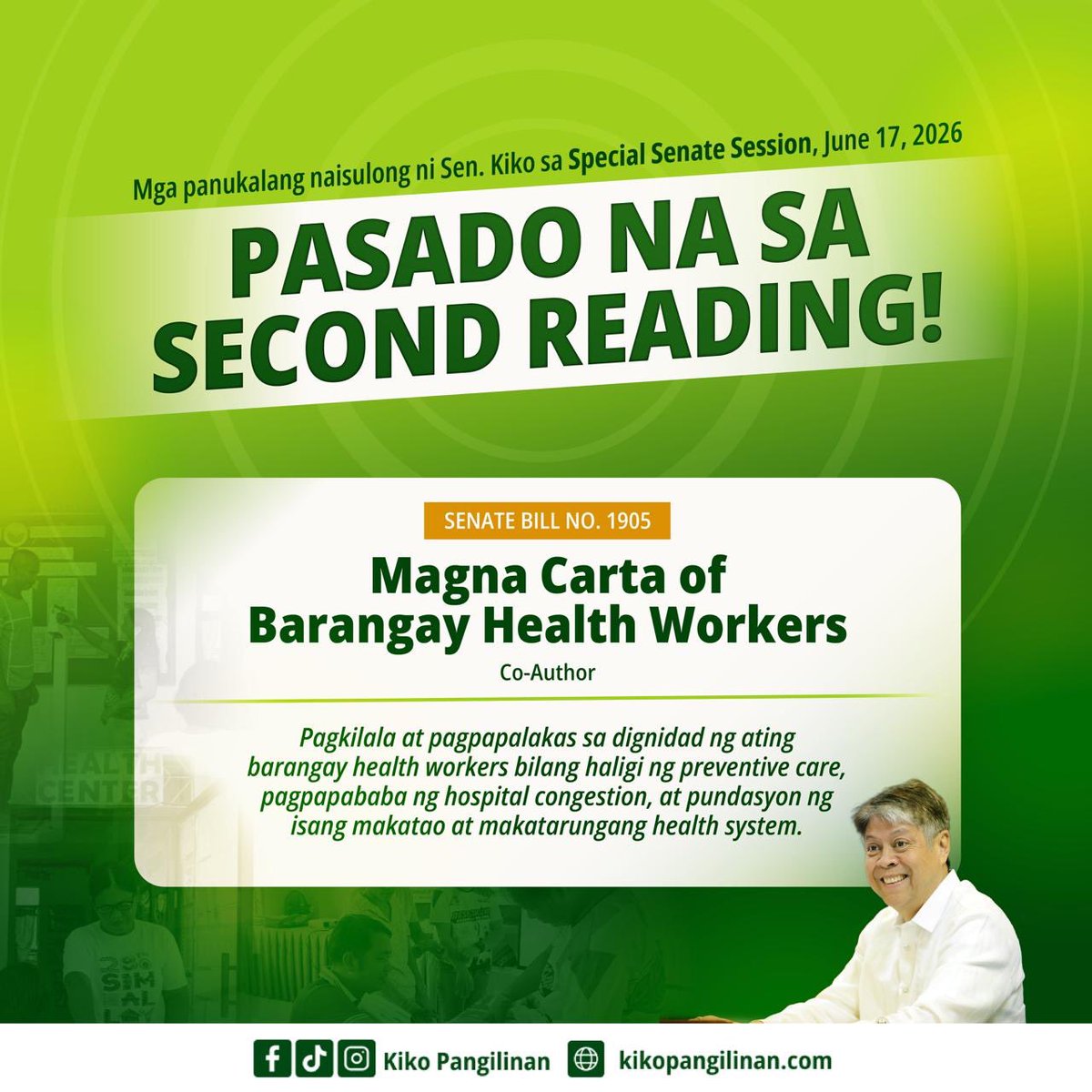 kikopangilinan's tweet photo. PARA SA MGA MAGSASAKA, MAG-AARAL, HEALTH WORKERS, AT MGA KOMUNIDAD 🇵🇭

Sa unang Special Senate Session, naisulong natin ang mga panukalang makatutulong sa mga magsasaka at mangingisda, barangay health workers, mga mag-aaral, mga komunidad na naapektuhan ng lindol sa Mindanao, at sa patuloy na pagpapalakas ng ating mga pambansang atleta.

Naipasa sa second reading ang Agricultural Cooperatives Act at Agriculture and Fisheries Extension Act—mga panukalang magpapalakas sa sektor ng agrikultura sa pamamagitan ng mas matatag na suporta sa mga kooperatiba at mas maayos na paghahatid ng serbisyo sa mga magsasaka at mangingisda.

Naaprubahan din ang Magna Carta of Barangay Health Workers bilang pagkilala sa mahalagang papel ng ating mga frontliner sa pangangalaga ng kalusugan sa mga komunidad.

In-adopt ng Senado ang resolusyong sumusuporta sa agarang relief at pangmatagalang pagbangon ng mga lugar sa Mindanao na naapektuhan ng lindol, habang niratipikahan naman ang panukalang magpapalawak pa ng access sa libreng dekalidad na edukasyon para sa kabataang Pilipino.

Naipasa rin sa third reading ang pagbibigay ng Philippine citizenship kina Bennie Boatwright III at Matthew James Ramos upang makatulong sa pagpapalakas ng ating pambansang basketball at wrestling teams para sa mga international competitions.