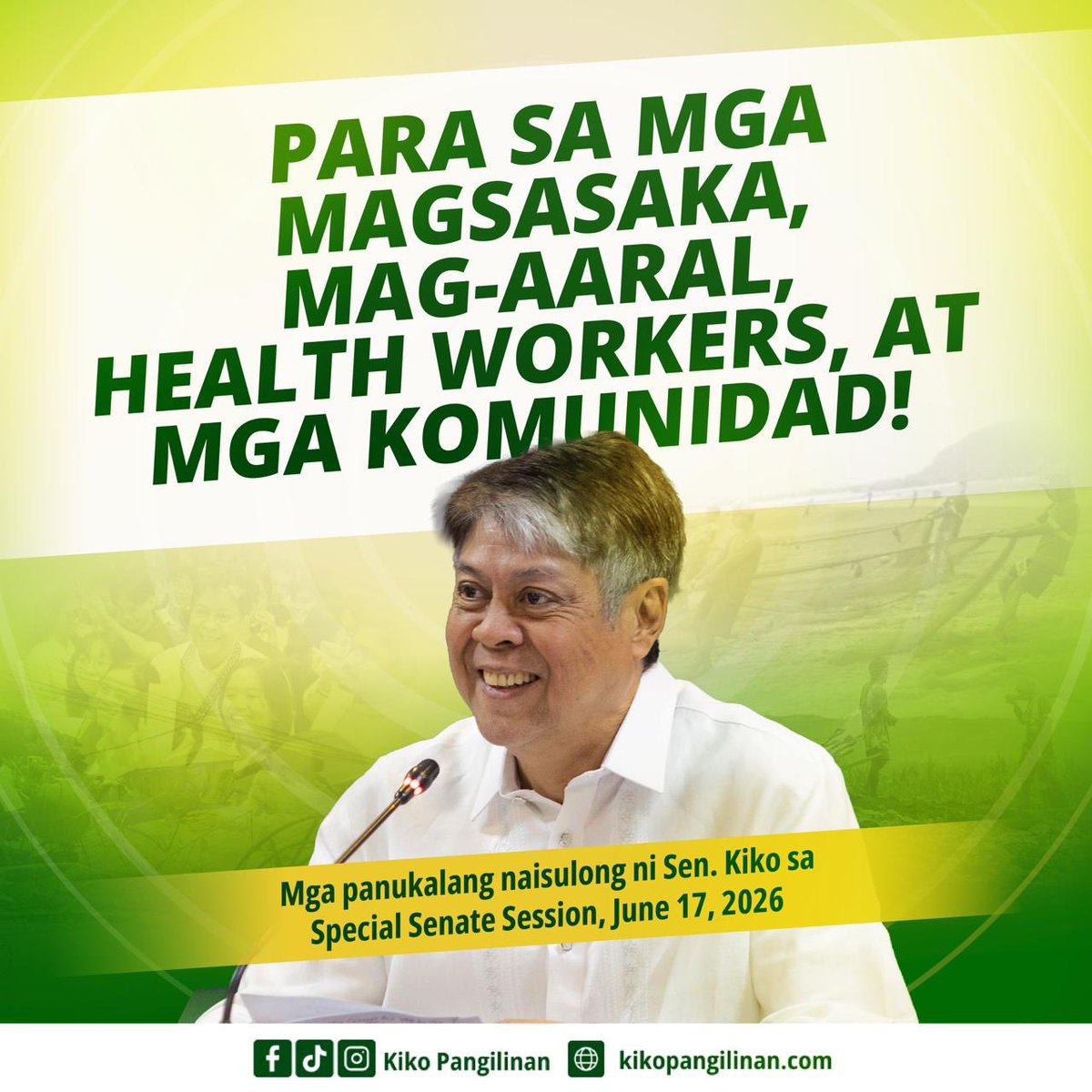kikopangilinan's tweet photo. PARA SA MGA MAGSASAKA, MAG-AARAL, HEALTH WORKERS, AT MGA KOMUNIDAD 🇵🇭

Sa unang Special Senate Session, naisulong natin ang mga panukalang makatutulong sa mga magsasaka at mangingisda, barangay health workers, mga mag-aaral, mga komunidad na naapektuhan ng lindol sa Mindanao, at sa patuloy na pagpapalakas ng ating mga pambansang atleta.

Naipasa sa second reading ang Agricultural Cooperatives Act at Agriculture and Fisheries Extension Act—mga panukalang magpapalakas sa sektor ng agrikultura sa pamamagitan ng mas matatag na suporta sa mga kooperatiba at mas maayos na paghahatid ng serbisyo sa mga magsasaka at mangingisda.

Naaprubahan din ang Magna Carta of Barangay Health Workers bilang pagkilala sa mahalagang papel ng ating mga frontliner sa pangangalaga ng kalusugan sa mga komunidad.

In-adopt ng Senado ang resolusyong sumusuporta sa agarang relief at pangmatagalang pagbangon ng mga lugar sa Mindanao na naapektuhan ng lindol, habang niratipikahan naman ang panukalang magpapalawak pa ng access sa libreng dekalidad na edukasyon para sa kabataang Pilipino.

Naipasa rin sa third reading ang pagbibigay ng Philippine citizenship kina Bennie Boatwright III at Matthew James Ramos upang makatulong sa pagpapalakas ng ating pambansang basketball at wrestling teams para sa mga international competitions.