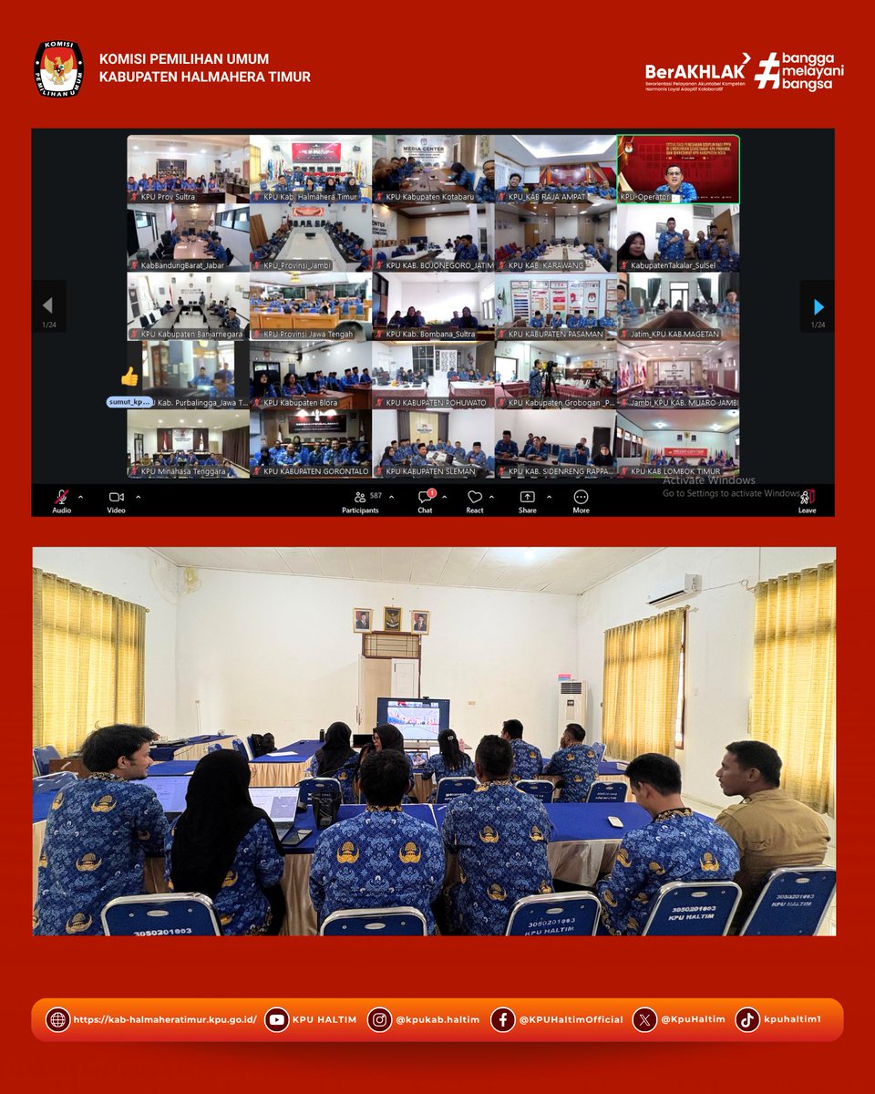KpuHaltim's tweet photo. Rabu, 17 Juni 2026, KPU Kab. Haltim mengikuti kegiatan Sosialisasi Penegakan Disiplin bagi PPPK yang dilaksanakan secara daring melalui Zoom Meeting. Kegiatan ini diikuti oleh Plt. Kasubbag Parmas dan SDM, Mirna Yunedi Utuwara, bersama 11 orang PPPK KPU Kabupaten Halmahera Timur. https://t.co/upcrmHFW8F