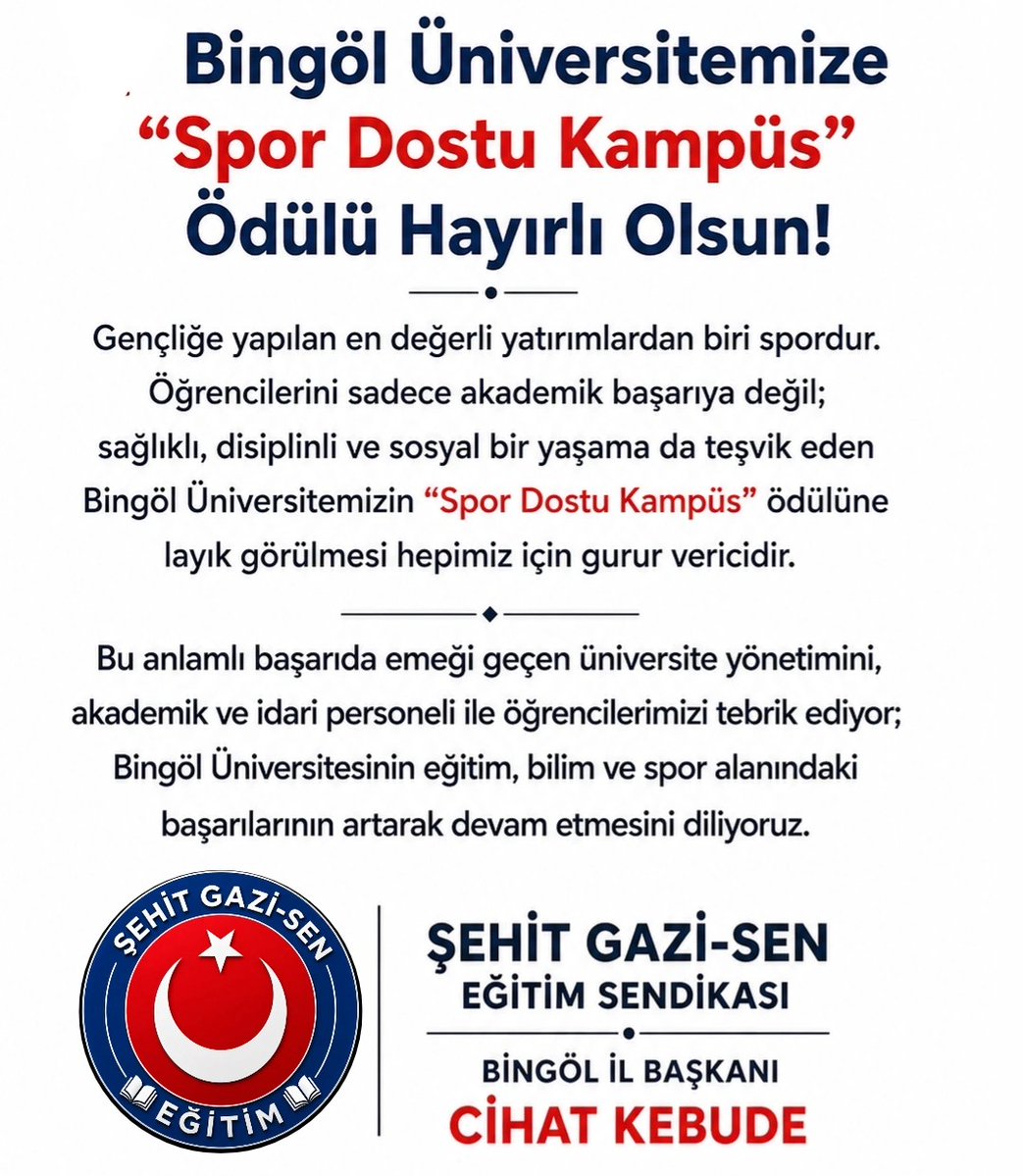 CihatKebude's tweet photo. 🏆 Bingöl Üniversitemizin “Spor Dostu Kampüs” ödülüne layık görülmesi bizleri gururlandırmıştır.
Gençliğe, spora ve sağlıklı yaşama verilen değerin önemli bir göstergesi olan bu başarıda emeği geçen herkesi tebrik ediyor, başarılarının devamını diliyoruz.
#BingölÜniversitesi https://t.co/Ng1cgFVjVm