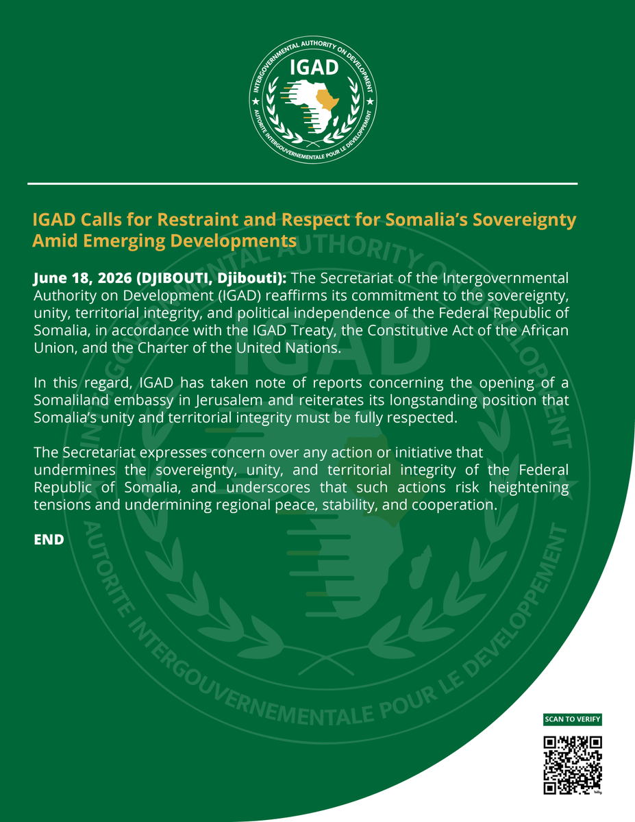 IGADsecretariat's tweet photo. #IGAD Calls for Restraint and Respect for Somalia’s Sovereignty Amid Emerging Developments.

Read More:
https://t.co/xZT3zIEKek

#RisingWithIGAD 
#OneRegionOneFuture https://t.co/cmYx4IswE3