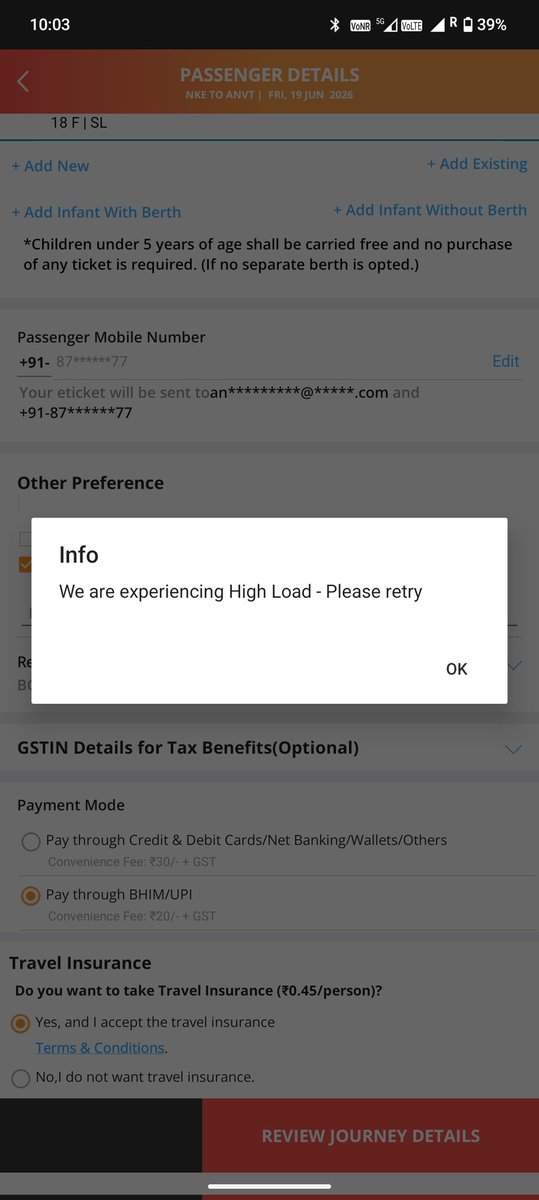 SaadAnwar2004's tweet photo. Booking a Tatkal tkt through @IRCTCofficial App by yourself is an organized illusion!
480 seats prior to booking. Get stuck on the first step for 2mins, if it clears then stuck again on "High Load" 2mins, if that also clears you're thrown on the Login page. 5 mins gone, Repeat. https://t.co/1IVTiMa5p9