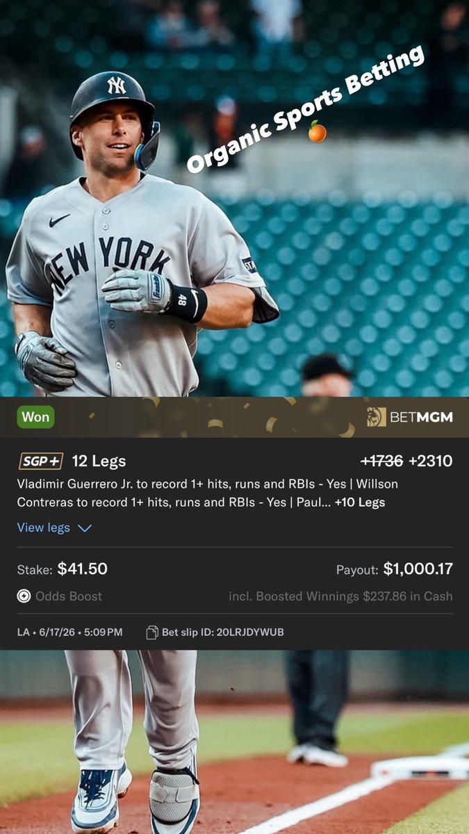 OrganicBets's tweet photo. Yup 🤑 I said we gotta cash 💶 this and we took it to the bank 🏦 on the boosted HRR lotto ⚡️ #LFG 🔥  #MLB ⚾️ #TheOrganicWay 🫡🍊 $41.50➡️1,000.17 💰 https://t.co/elThcWE44H