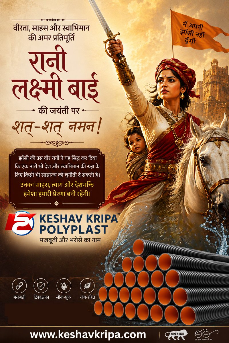 LlpKeshav's tweet photo. जहां साहस की बात होती है, वहां रानी लक्ष्मी बाई का नाम अमर रहता है। 🇮🇳⚔️
मजबूती की प्रेरणा, विश्वास की पहचान — Keshav Kripa Polyplast 💧 https://t.co/IHp9k9UDh8