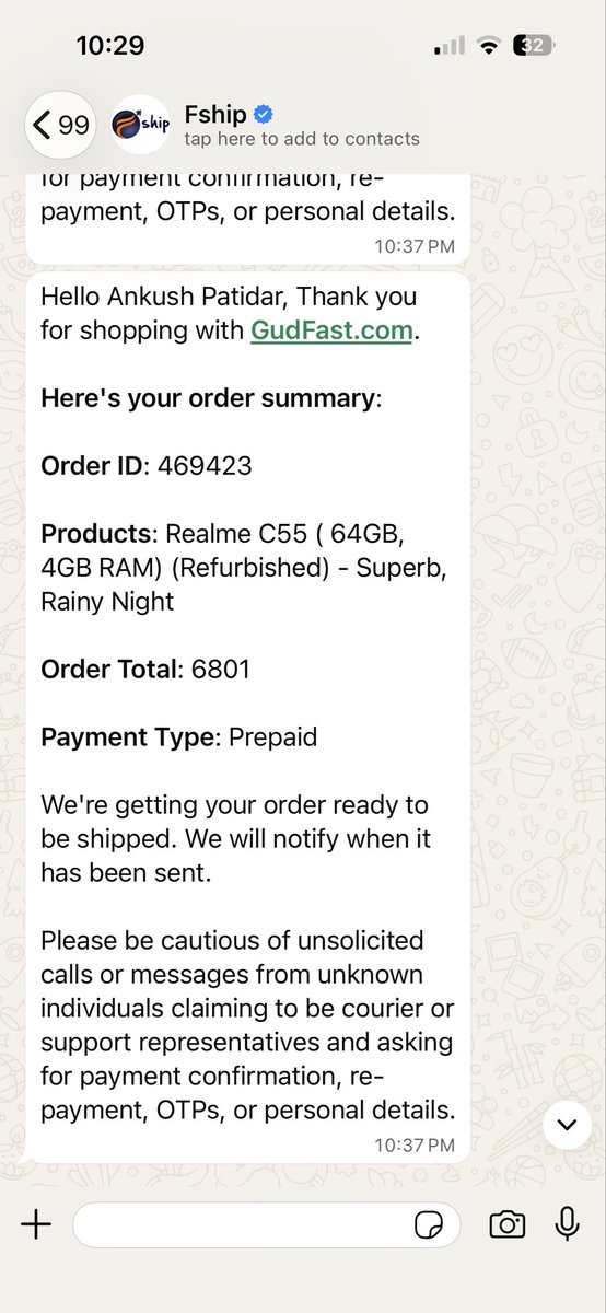 Notmyplacetobe's tweet photo. @GudFastIndia @FshipIndia #Gudfast.com 
Order #469423 placed on 13 June and prepaid ₹6,801 for a Realme C55 (Refurbished).
I received order confirmation and was informed that the order would be dispatched on 16 June, but there has been no shipment update, tracking ID, or delivery timeline since then.
Multiple attempts through email, WhatsApp, and phone calls have gone unanswered.
Kindly provide an immediate update on my order or initiate a full refund.
#CustomerService #OnlineShopping
@jagograhakjago