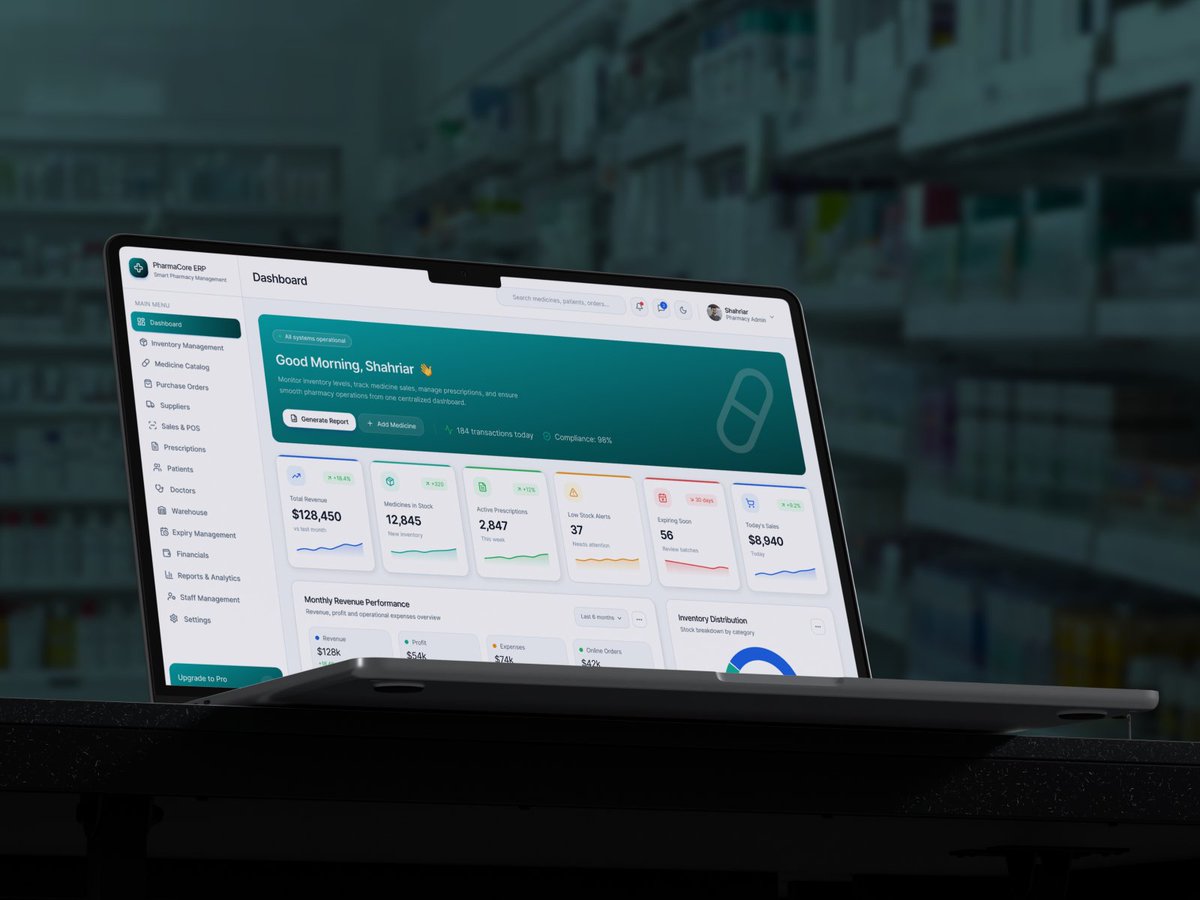 agamisoft_ltd's tweet photo. Modern Pharmacy Management Dashboard UI/UX. Real‑time revenue, stock alerts &amp; prescription tracking in one SaaS interface. Clean layouts + smart analytics for hospitals, clinics &amp; pharmacies. #PharmacyApp #UIUX #DashboardDesign #Healthcare #MedicalSoftware https://t.co/lg2cNW4FLI