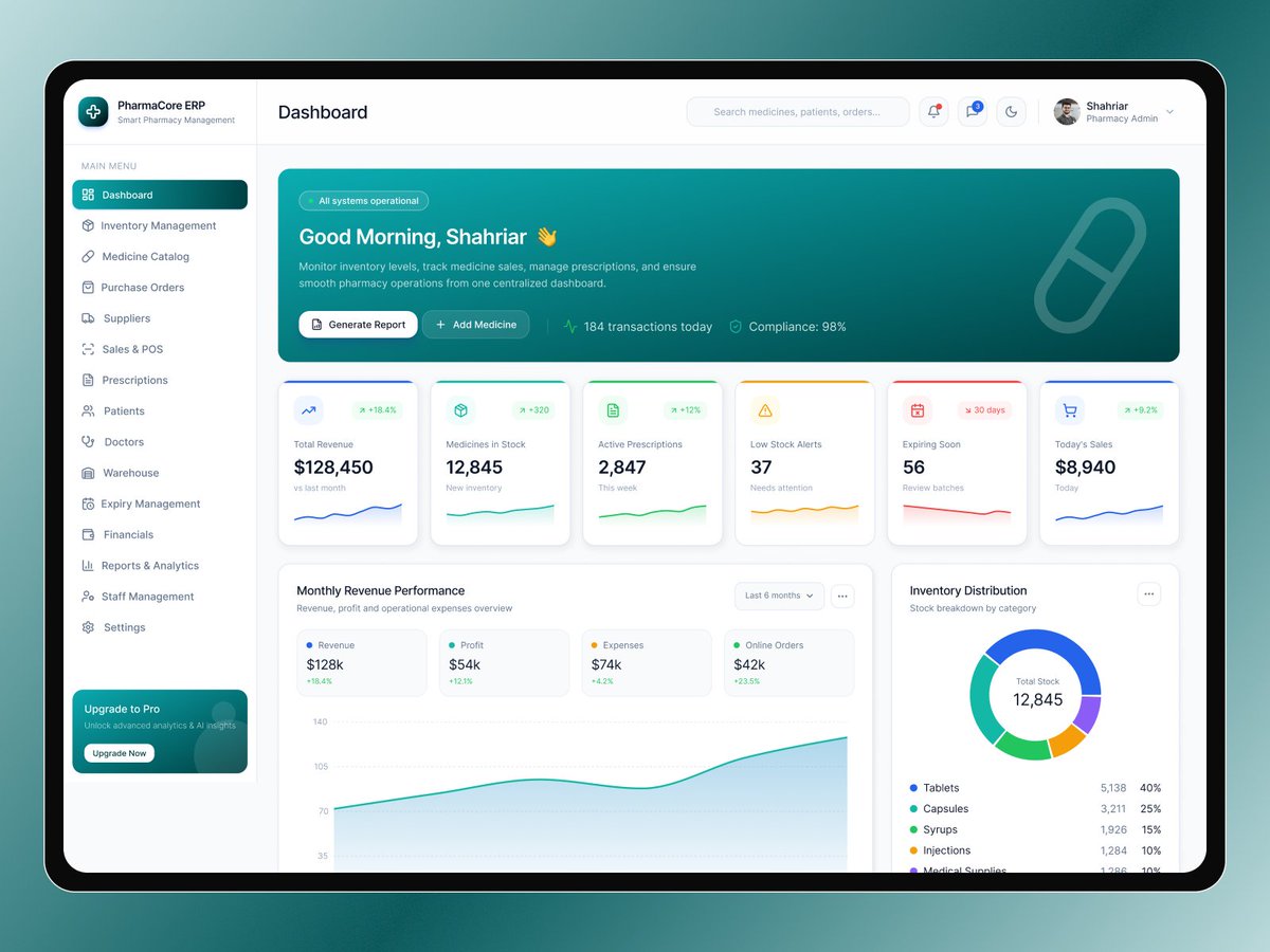 agamisoft_ltd's tweet photo. Modern Pharmacy Management Dashboard UI/UX. Real‑time revenue, stock alerts &amp; prescription tracking in one SaaS interface. Clean layouts + smart analytics for hospitals, clinics &amp; pharmacies. #PharmacyApp #UIUX #DashboardDesign #Healthcare #MedicalSoftware https://t.co/lg2cNW4FLI