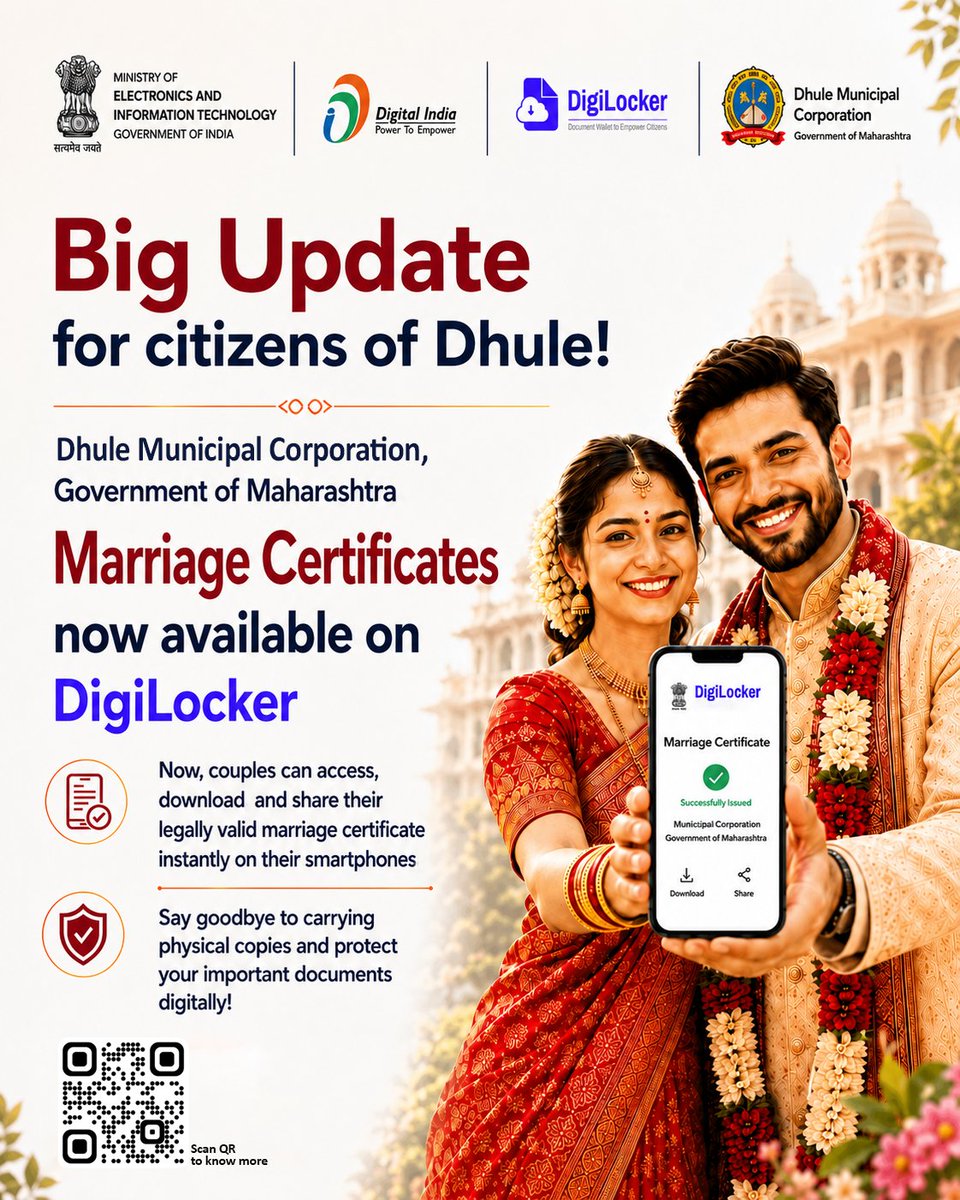 digilocker_ind's tweet photo. Big news for the citizens of Dhule!
Marriage Certificates issued by Dhule Municipal Corporation, Government of Maharashtra are now available on DigiLocker.
Couples can securely access, download and share their legally valid marriage certificates anytime, anywhere-directly from their smartphones. No more carrying physical copies or worrying about misplaced documents.

#DigiLocker #DigitalIndia #PaperlessGovernance #DhuleMunicipalCorporation #MarriageCertificate #DigitalDocuments #CitizenServices #GovernmentofIndia