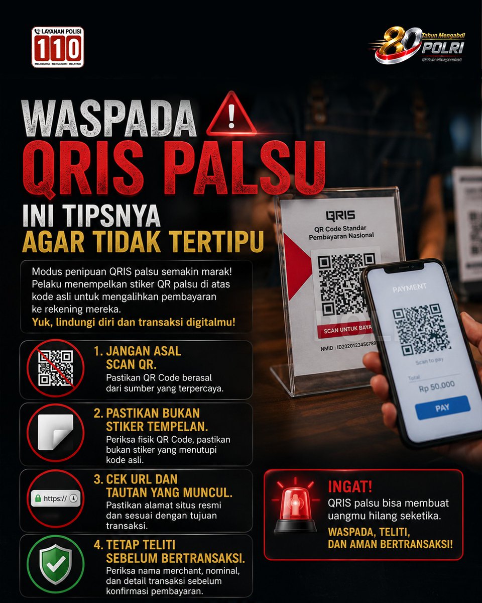 HumasKaltara's tweet photo. QRIS memudahkan transaksi nontunai secara cepat dan praktis. Namun kemudahan transaksi digital harus diiringi dengan kewaspadaan. Yuk, lebih teliti sebelum memindai QRIS agar transaksi tetap aman dan terhindar dari modus penipuan.
#MenjagaKeamananIndonesia https://t.co/waw5t8J3j6