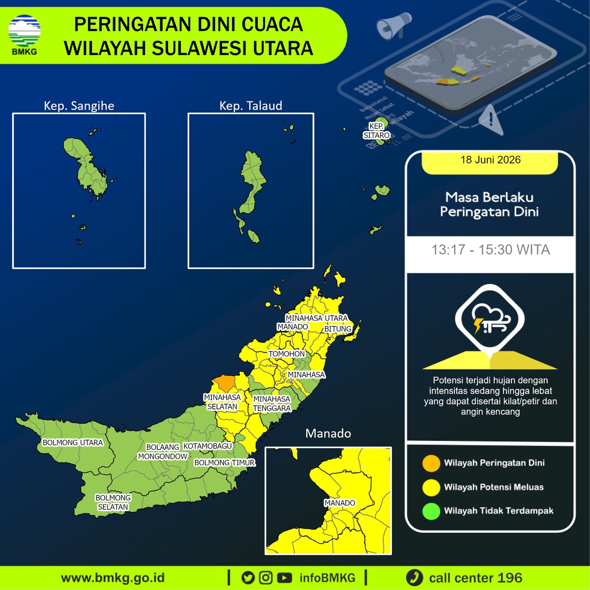 infoBMKG's tweet photo. Update Peringatan Dini Cuaca Wilayah - Sulawesi Utara Tgl. 18 Juni 2026 pkl. 13:17 WITA
Prakirawan - BMKG - Sulawesi Utara
https://t.co/lt5MoJ9bXr https://t.co/PEUjr7DVGw