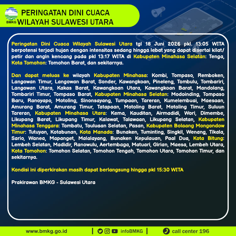 infoBMKG's tweet photo. Update Peringatan Dini Cuaca Wilayah - Sulawesi Utara Tgl. 18 Juni 2026 pkl. 13:17 WITA
Prakirawan - BMKG - Sulawesi Utara
https://t.co/lt5MoJ9bXr https://t.co/PEUjr7DVGw