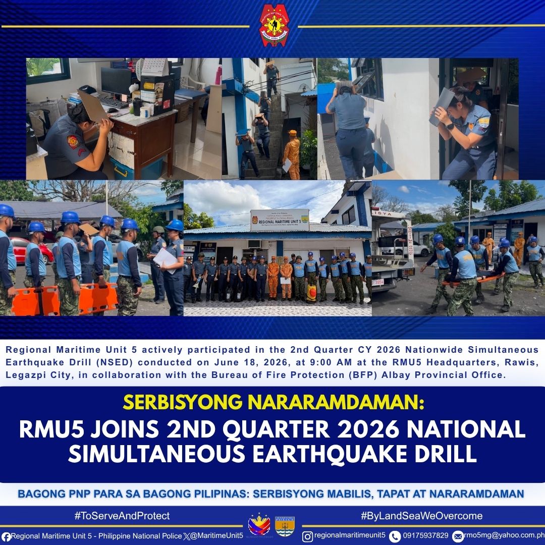 MaritimeUnit5's tweet photo. Personnel of Headquarters Regional Maritime Unit 5 (HRMU5) actively participated in the 2nd Quarter CY 2026 Nationwide Simultaneous Earthquake Drill (NSED) on June 18, 2026, at 9:00 AM held at the HRMU5 Headquarters, Rawis, Legazpi City, in collaboration with the BFP Albay https://t.co/QAmepFAb5W