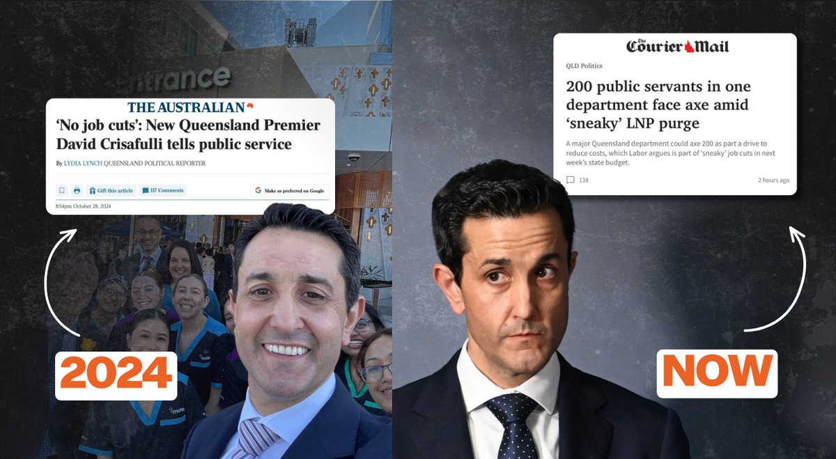StevenJMiles's tweet photo. 2024 vs 2026 - Same leader, same old LNP, one big lie.

David Crisafulli has proven himself to be the same man that sat in Campbell Newman’s Cabinet.

At the first chance they’ve gotten, the LNP have cut, sacked and sold out Queenslanders. https://t.co/yx2Z894E5N