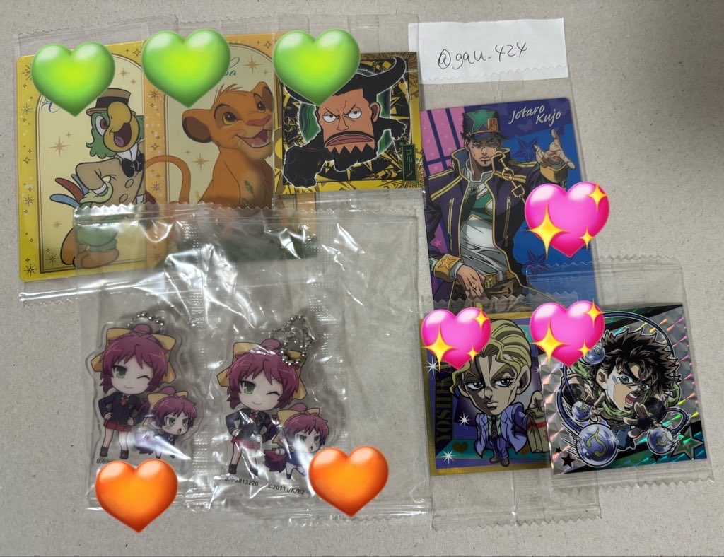 gau_424's tweet photo. 【譲渡 買取】物語シリーズ 家庭教師ヒットマンREBORN! リボーン ウエハース カード セリア 栞 ガチャガチャ シール ジョジョ ディズニー ワンピース バカテス ガチャガチャ ラバスト

求)
💚 各30円
💖 各100円
🧡 各150円(+送料)

郵送📮
ツリー続きます。
纏めても単体もお気軽にお声掛けください https://t.co/JgomMznM2A