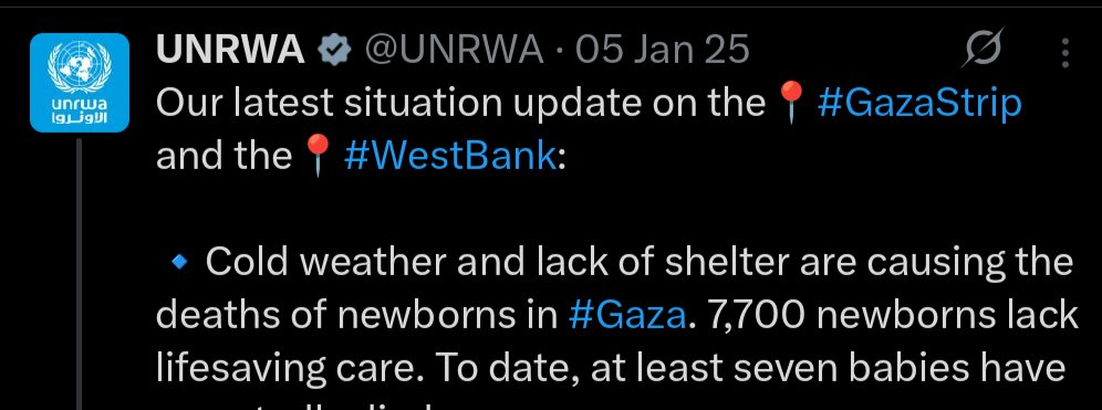 KosherChutzpah's tweet photo. In Jan 2025, the official UNRWA account posted that cold weather and lack of shelter caused deaths of newborns in Gaza. 

At the time of that post, the weather in Gaza was 74° fahrenheit in Gaza. Did the babies at least get a suntan as they were "freezing to death"? 

UNRWA is Hamas.