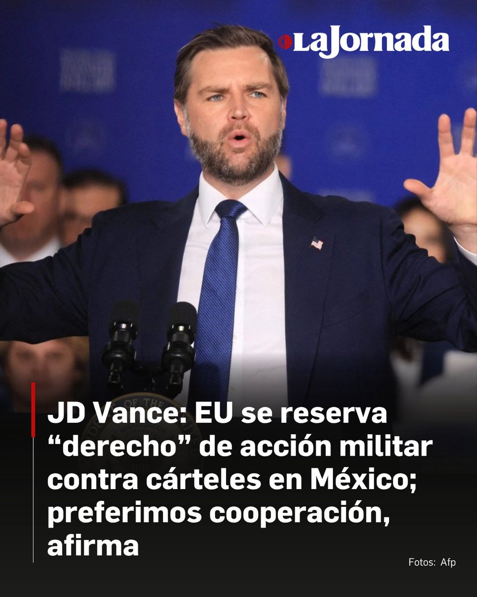 lajornadaonline's tweet photo. El vicepresidente de Estados Unidos, JD Vance, sostuvo que “tomaríamos medidas militares” en México para combatir a los cárteles del narcotráfico, aunque agregó que “nos encantaría trabajar con el gobierno mexicano”. 

“Queremos colaborar con el gobierno mexicano para asegurarnos de que puedan tomar medidas contra los cárteles por sí mismos. Los cárteles campaban a sus anchas durante la administración Biden porque disponían de mucho dinero. Queremos ayudar al gobierno mexicano y al pueblo de México a reducir el poder de esos cárteles".

Lee la nota: https://t.co/pYQE3f0sap