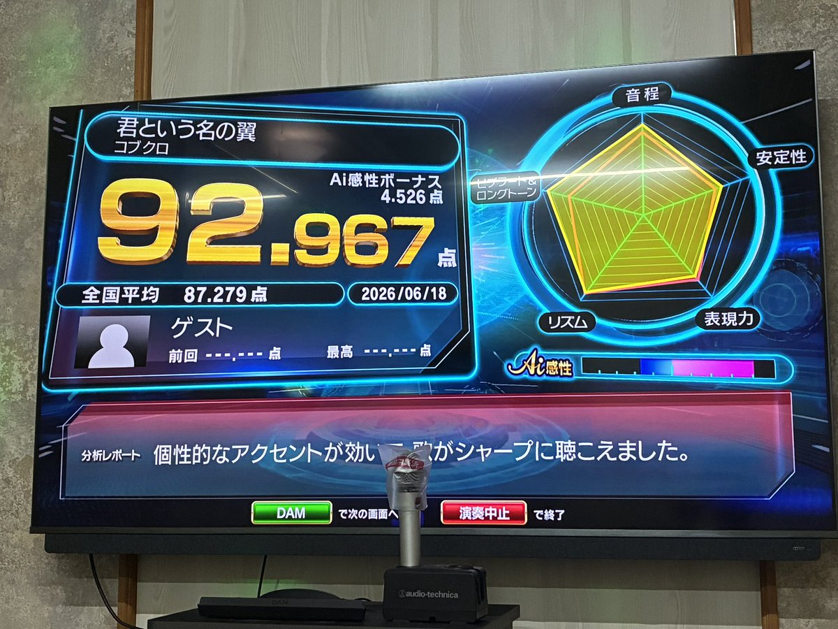 uchik580's tweet photo. 風邪気味で喉カッスカスの中、3年ぶりぐらいにヒトカラ行ってきました🎤

あまりにも高音が出なさすぎたので、歌いやすい曲で95チャレンジしてみましたが届かず。。。

喉が絶好調な時にまた挑戦したい😟

一番ビックリしたのが、30分ドリンクバー付きで198円でした。田舎のカラオケ屋エグいな！ https://t.co/xQSY5roxzh