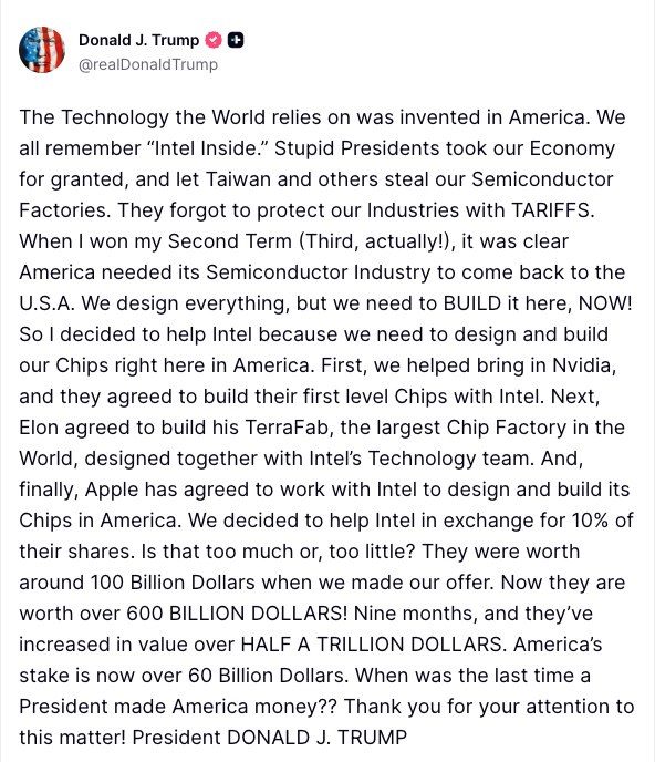 Cointelegraph's tweet photo. 🇺🇸 JUST IN: President Trump says, "We decided to help Intel in exchange for 10% of their shares." https://t.co/CFeDVRA1Hh