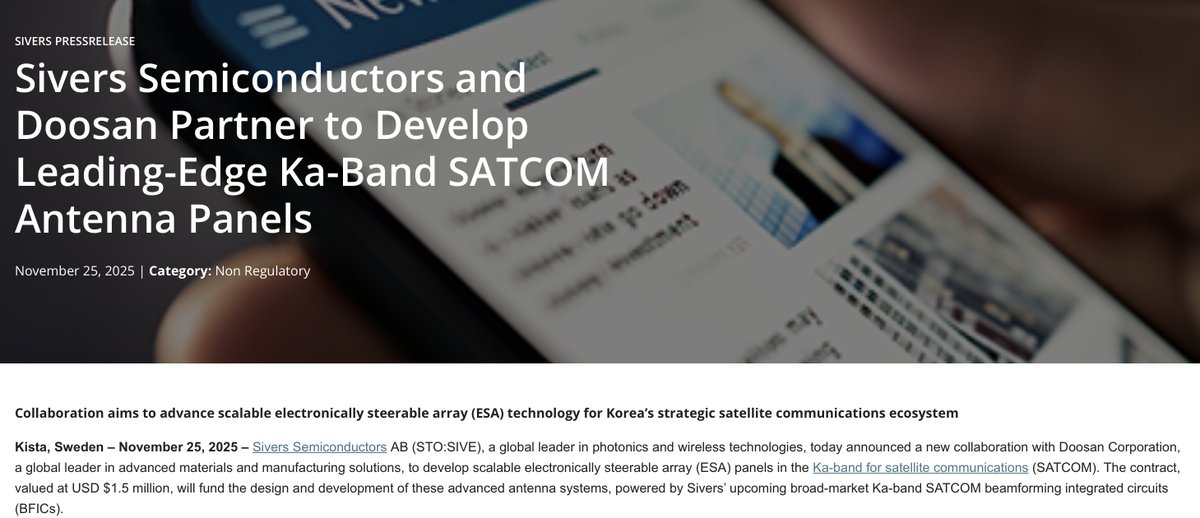 PepInvestStocks's tweet photo. $SIVE - The deployment of next-generation telecommunications and satellite communications in South Korea relies on a tightly integrated supply chain where $SIVE, Doosan Electro-Materials, and $SKM fulfill complementary technological roles.

While consumers primarily interact with network operators, the physical infrastructure requires a multi-layered combination of specialized chip design, advanced material science, and large-scale network deployment.

$SIVE operates as a fabless developer, designing high-frequency Beamforming Integrated Circuits that enable precise, electronic signal steering for Ka-band satellite communication and millimeter-wave frequencies.

These advanced silicon architectures require specialized physical hosting to operate without signal degradation or excessive heat generation.

Doosan Electro-Materials addresses this requirement by manufacturing low-loss Copper Clad Laminates and high-end packaging substrates.

Within its domestic production facilities, Doosan integrates the $SIVE beamforming chips onto its own specialized substrate materials, creating fully functional Electronically Steered Antenna panels.

Once assembled, these high-frequency antenna modules are distributed through domestic aerospace consortia or network equipment manufacturers directly into the infrastructure programs of $SKM.

As the leading network operator in South Korea, $SKM requires these precise components to build out its national satellite gateways and high-bandwidth infrastructure.

This architecture enables the network to maintain continuous, high-speed data transmission between different orbital satellites and ground stations.

Through this technical collaboration,$SIVE establishes its intellectual property within the East Asian telecom market, while Doosan provides the critical manufacturing integration that allows $SKM to operate secure, high-performance communication networks.