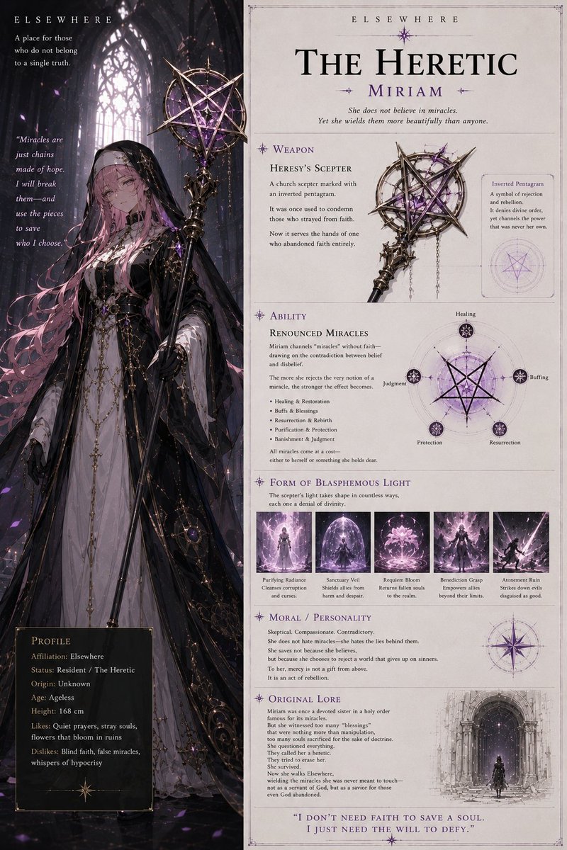 SyarkWasangka's tweet photo. #ELSEWHERE #04
The Heretic
She stopped believing centuries ago.
Nobody told the miracles. They still answer when she calls,
and she still doesn't know why,
and she still hasn't forgiven them for it. https://t.co/xQIQx1RONt