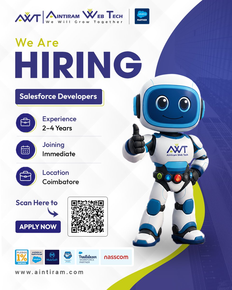 aintiram_in's tweet photo. Hiring Salesforce Developers
Coimbatore | 2–4 Years Experience | Immediate Joiners
Build, innovate, and grow with us on the Salesforce platform.
#SalesforceDeveloper #SalesforceJobs #Hiring #Apex #LWC #CoimbatoreJobs #ImmediateHiring #AintiramWebTech #Trailblazer #TechCareers https://t.co/AHqur5681H