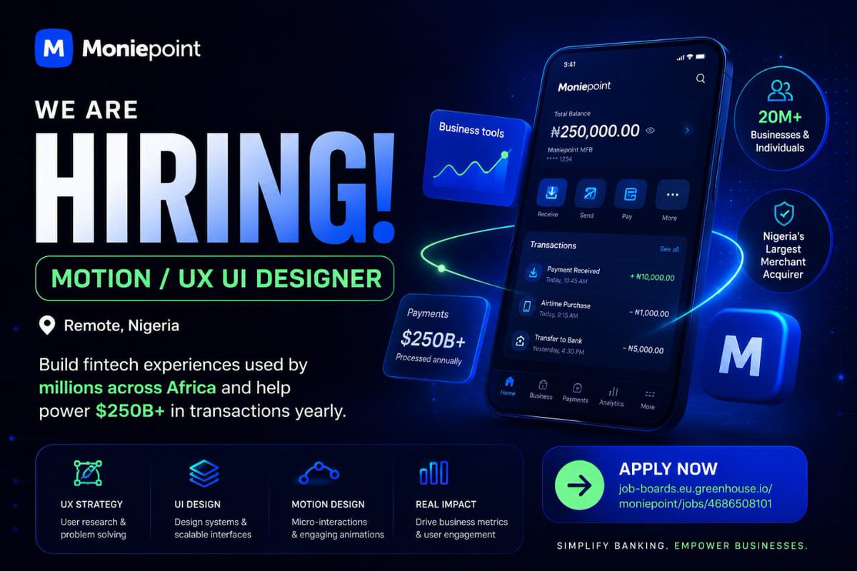 skillnersng's tweet photo. Moniepoint is hiring a Motion / Senior UX UI Designer 🇳🇬

💻 Remote Role
🔥 Build fintech products used by millions across Africa

Apply now 👇
https://t.co/mDQmnYtpPL

#RemoteJobs #UXDesign #TechJobs #SkillnersNG https://t.co/rymyj17QxF