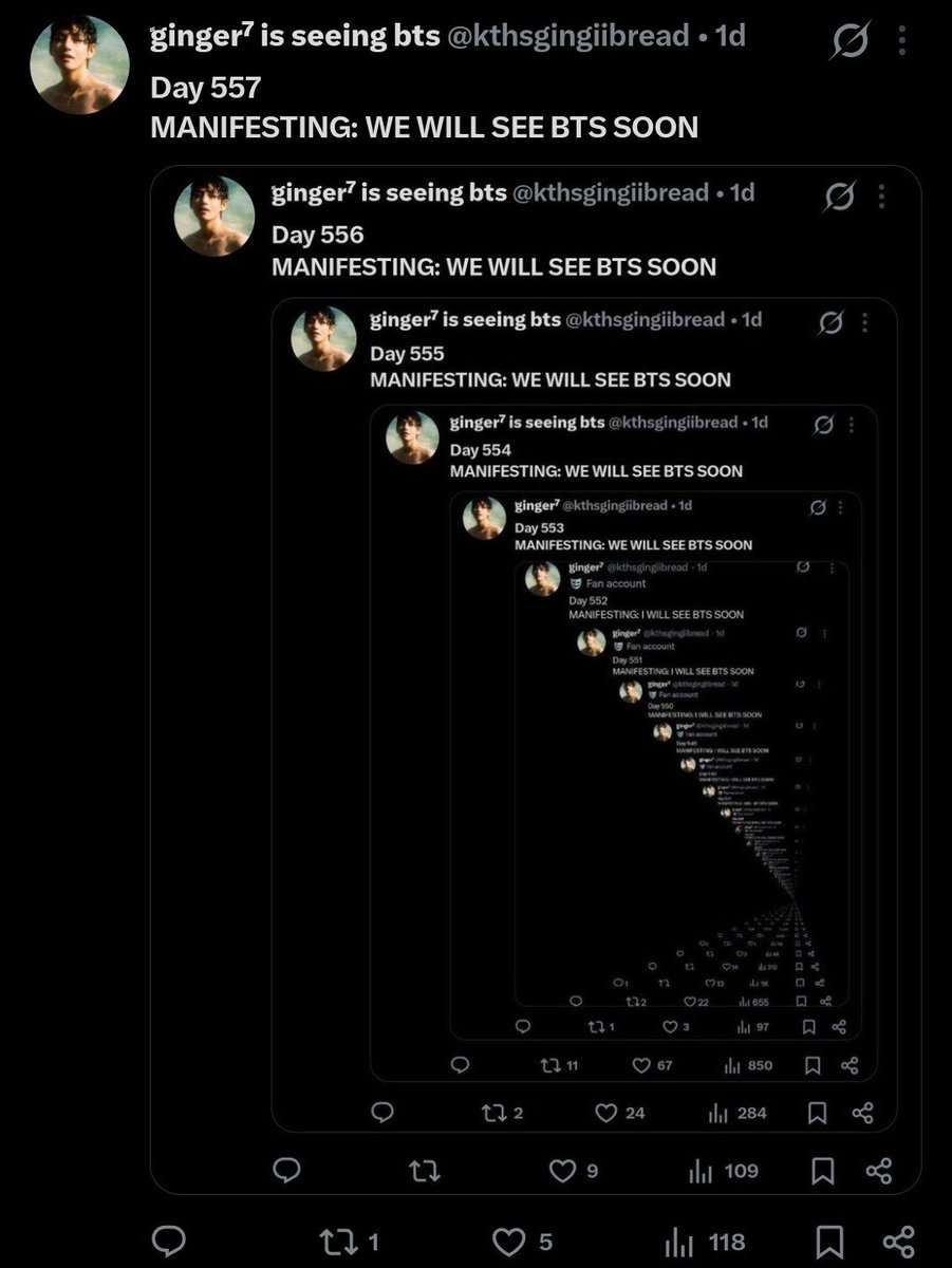 kthsgingiibread's tweet photo. Day 558
MANIFESTING: WE WILL SEE BTS SOON https://t.co/t2TifYsJpI