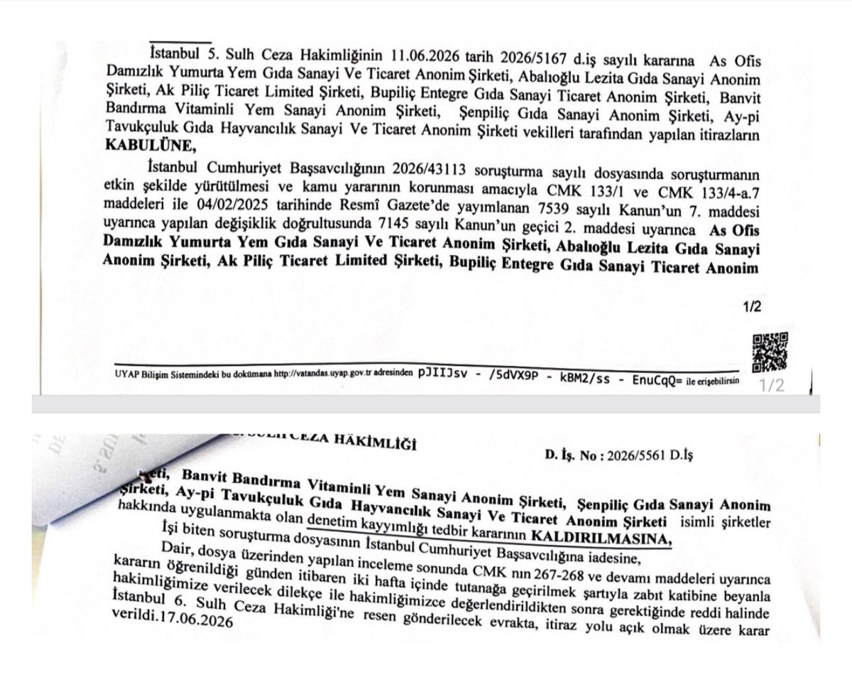 tarimyazari's tweet photo. Denetim kayyımı kararı

Tavuk eti  üreten 7 şirketin İstanbul 5. Sulh Ceza Hakimliğine yaptığı itiraz sonucunda denetim kayyımlığı tedbir kararı kaldırıldı. 

Banvit, Şen Piliç, Ay-Pi Tavukçuluk, As Piliç, Lezita, Ak Piliç, Bupiliç’te denetim kayyımlığının kaldırıldığına ilişkin mahkeme kararı👇👇