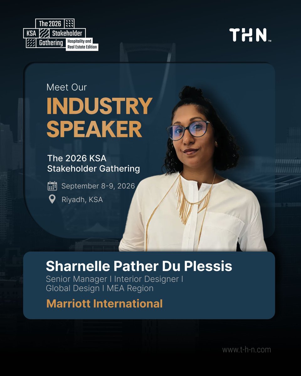 THNconnect's tweet photo. We are pleased to welcome Sharnelle Pather Du Plessis, Senior Manager I Interior Designer l Global Design I MEA Region at Marriott International as a panellist at The 2026 KSA Stakeholder Gathering this September in Riyadh!

🔗 Register here: https://t.co/TnsRI2uZQ8
 
#TSG2026 https://t.co/dMExgKXpQj
