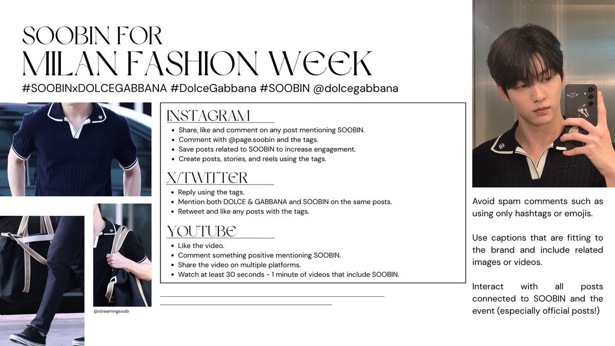 streamingsoob's tweet photo. ⏰️ TRENDING HOUR ⏰️

Create posts using the tags and be sure to not come off as spam!

SOOBIN FOR MILAN FASHION WEEK #SOOBINxDOLCEGABBANA #DolceGabbana #SOOBIN @dolcegabbana https://t.co/M4XRnh6cqo