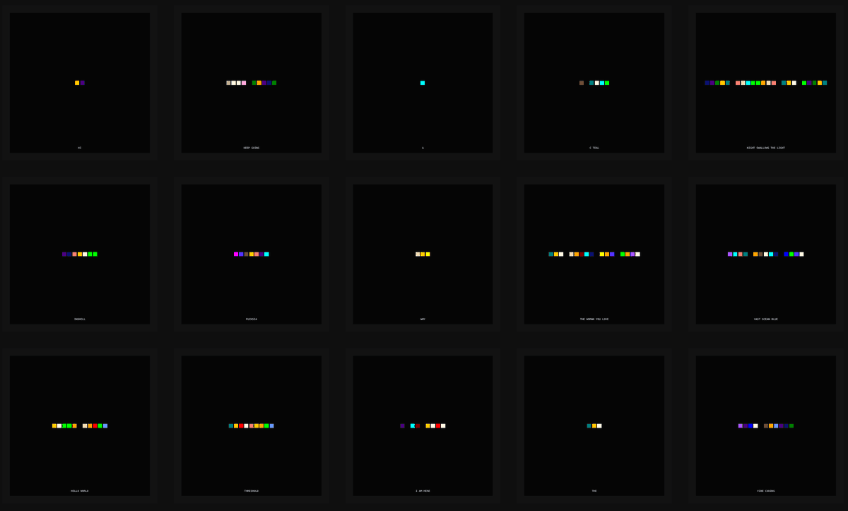 inshell_art's tweet photo. 1/ The sentence remains.
The alphabet disappears.
#THOUGHT⬛️renders words in #ColorFont, instead of Latin letters. https://t.co/xF7xQuZvbE
We read length, rhythm, spacing, repetition, color sequence.
Visual first, linguistic second. Strange by design🟢🟢🟢 https://t.co/W4kwWlXwIY