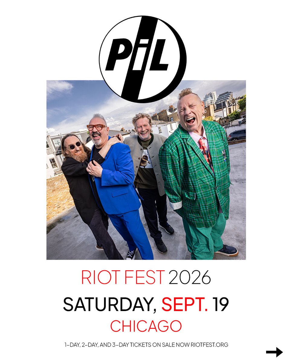 pilofficial's tweet photo. 1,2 &amp; 3 day tickets are now on sale for @riotfest in Chicago. PiL are confirmed to play Saturday, September 19th. Tickets from https://t.co/DIbquf8TaG https://t.co/A5uASenqkD