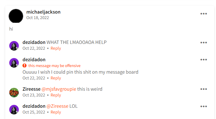 invibxtterflies's tweet photo. @crereeper @invinciblegirli okay I found a couple. the first one is where the acc commented on someone else's board. and the second one I didn't even notice happened until today but it's a post with no text lol. i'm pretty sure this is just a random person who made an account under his name. https://t.co/GRvg90v2X2